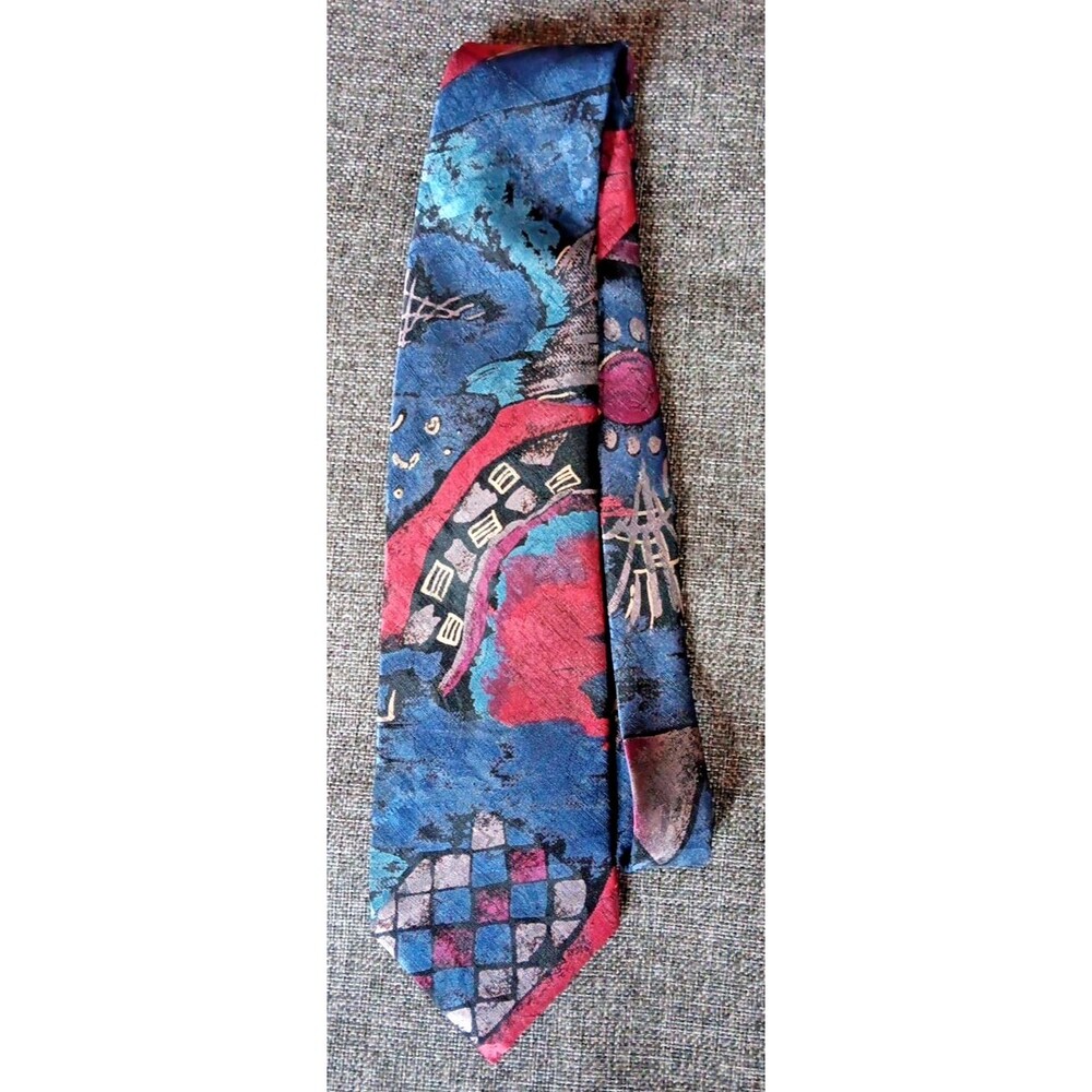 Tie 70s 80s 90s Y2K Mens Jordache Red Blue Gold Abstract 3.75 Wide 49 Long